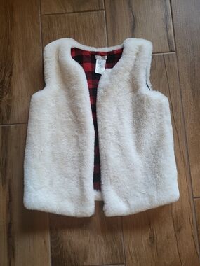 Max Studio Kids Cream Faux Fur Vest with Red and Black Plaid